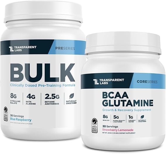 Transparent Labs Bulk Pre-Workout (30 Servings, Blue Raspberry) & BCAA Glutamine (30 Servings, Strawberry Lemonade)