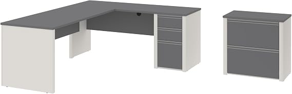 Bestar Connexion L-Shaped Desk with Lateral File Cabinet, 72W, Slate & Sandstone | With Lateral File Cabinet; with Narrow Desk Shell, Return Table, Add-On Pedestal; for home office use