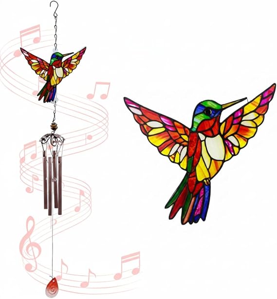 Amber Stained Glass Hummingbird Wind Chime, Bird Wind Chime for Outside
