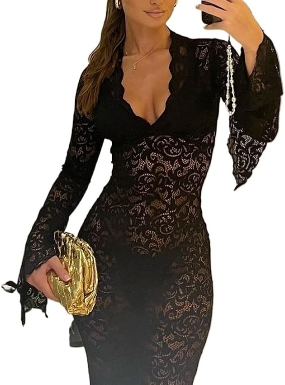 Women 2024 Spring Autumn Long Sleeve Party Club Evening Streetwear Lace White Long Dress Wholesale Items (Color : Black, Size : Medium)