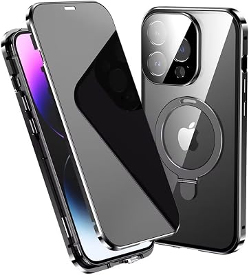 Anti spy case for iPhone15Pro Compatible with Magsafe charging [Magnetic adsorption  Lock] Aluminum Bumper Tempered glass screen protector Lens protector Magnetic Ring Stand iPhone15Pro, Black