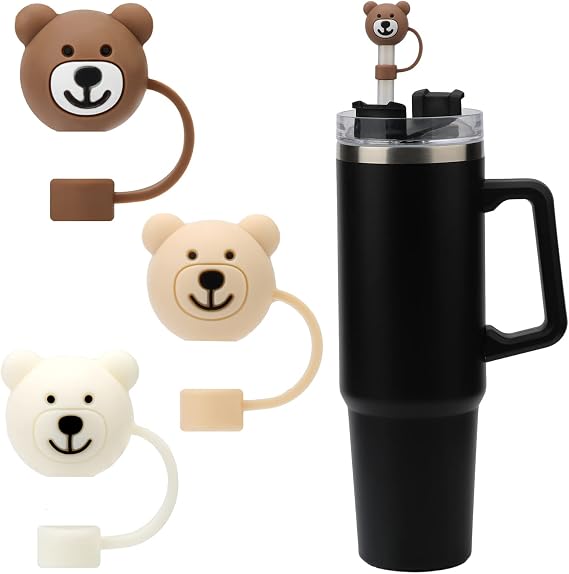 3pcs Bear Straw Cover, Cute Straw Covers Cap Cartoon Soft Silicone Bear Straw Toppers Straw Tips Lids Protector Cover BPA Free Compatible with 10mm Stanley Straws 30 40 oz Tumbler Cup
