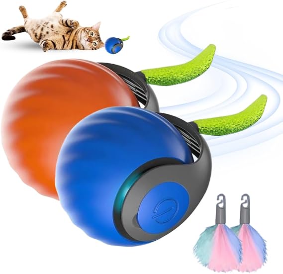 2025 New Speedy Toy Cat Toy, Interactive Cat Toys Ball for Indoor Two Speed Adjustment with Replacement Tail, USB Rechargeable Smart Cat Toys Ball Smart Automatic Rolling Pet Ball (Blue+Orange)