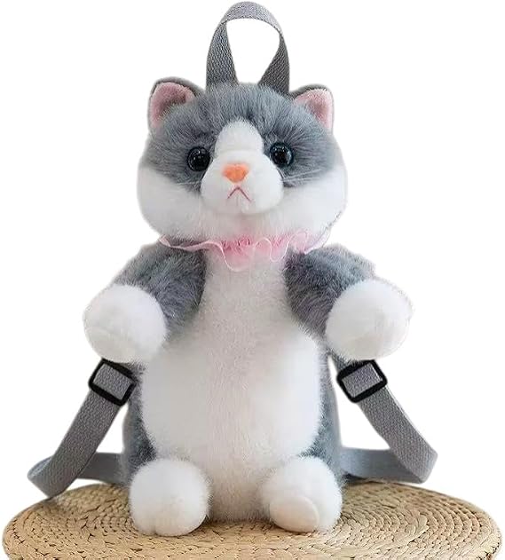 Stuffed Animals Backpack - Lifelike Stuffed Cat Plush Backpack, Handmade Cute Realistic Cat Shaped Bag - Gray (Gray)