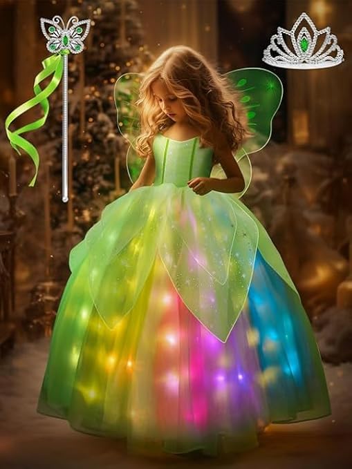 Fairy Princess Costume for Girls, Colorful Light Up Toddler Dress with Accessories kit for 3-9Y, handle & App Control