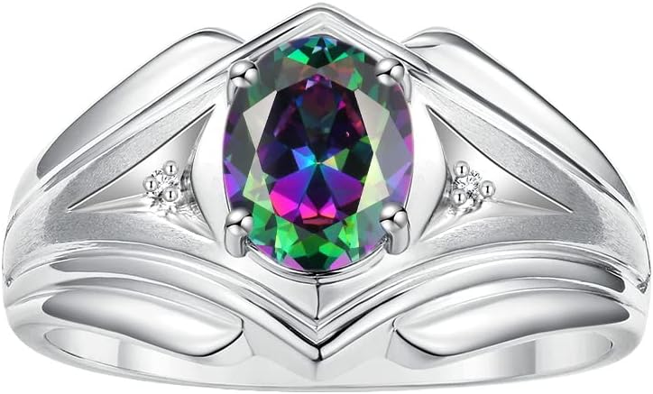 Rylos Men's Rings Sterling Silver Rings Classic Designer Style 9X7MM Oval Gemstone & Diamond Ring Color Stone Birthstone Rings For Men Sizes 8-13
