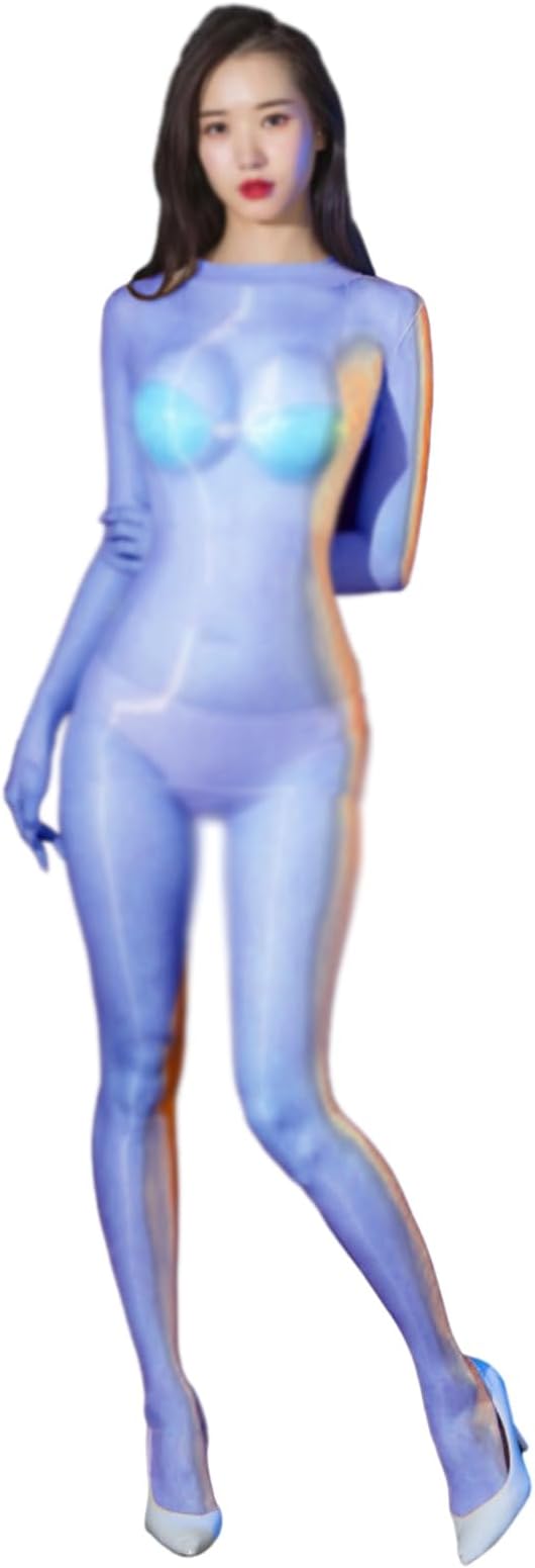 LESOYA Women Men 1D Ultrathin Shiny Glossy Bodystocking See Through Sheer Bodysuit Catsuit Attatched 5 Finger Gloves
