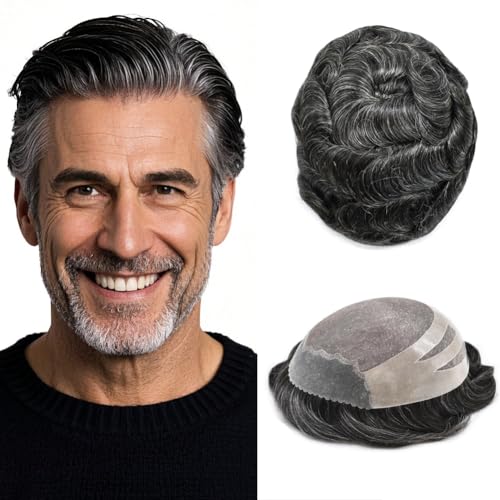 Mens Toupee Wig Human Hair System Replacement Fine Mono Hairpiece Poly PU Skin Hair Unit Prosthesis Durable 8X10, #1B40 Off Black40% Gray-120% Med-light to Medium Density