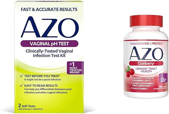 AZO Vaginal pH Test Kit & Cranberry Urinary Tract Health Supplement Bundle, 2 Self-Tests & 100 Sugar Free Softgels
