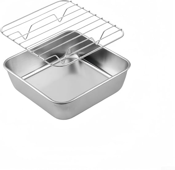 Stainless Steel Deep Baking Tray, Baking Tray Square with Rack, Bakings and Roasting, with Cooling Rack, Dishwasher Safe (15CM)