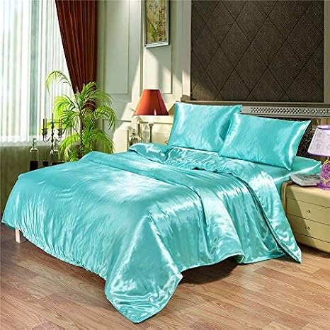 Duvet Cover 1 Piece - Ultra Soft Silky Satin Hotel Collection - Comforter Cover with Button Closure & Corner Ties, Full/Queen, Aqua Blue