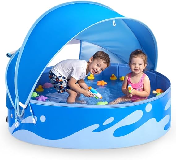 Peradix Paddling Pool with Canopy for Toddlers – 48in Foldable Baby Kids Pool for Garden, Travel UPF50+ Sun Protection | 2-in-1 Adjustable Shade | Anti-Tip Design| Baby Tent Beach Tent fits 2-3 Kids