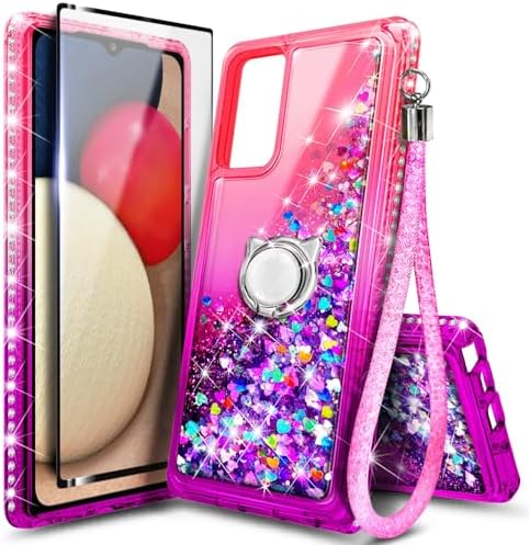 NZND Compatible with Samsung Galaxy A03S Phone Case, PinkPurple | Sparkly Glitter Floating Liquid Cute Cover for Women Girls Kids | with Tempered Glass Screen Protector & Ring Holder & Wrist Strap