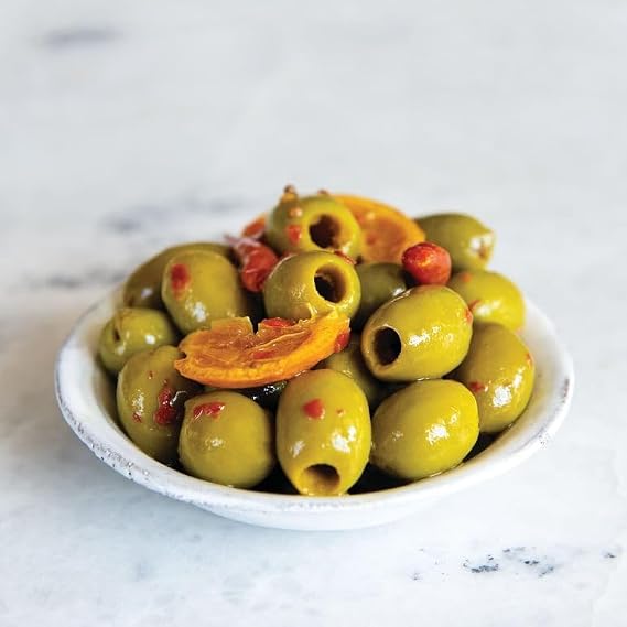 Tangerine & Chili Marinated Green Olives, Pitted, 7.4 LB