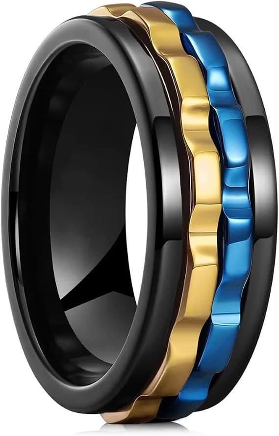 Men's Gear Spinner Rings Stainless Steel Fidget Ring Anxiety Ring,Stress Relief Fidget Rings,Blue Gold Gear Spinner Design,Stylish and Durable Jewelry for Men,Size 7
