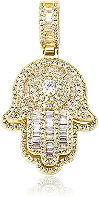 18K Gold Plated Hand of Fatima Religious Amulet Pendant Necklace Iced Out Full Zircon Hip Hop Necklace