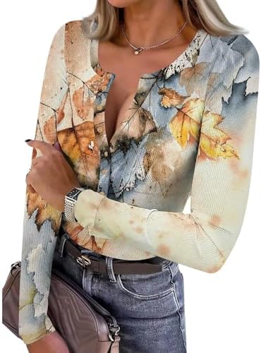 Womens Long Sleeve Tops 2026 Fall Trendy Outfits Clothes Button Basic Tees Print Blouse Casual Henley T Shirts