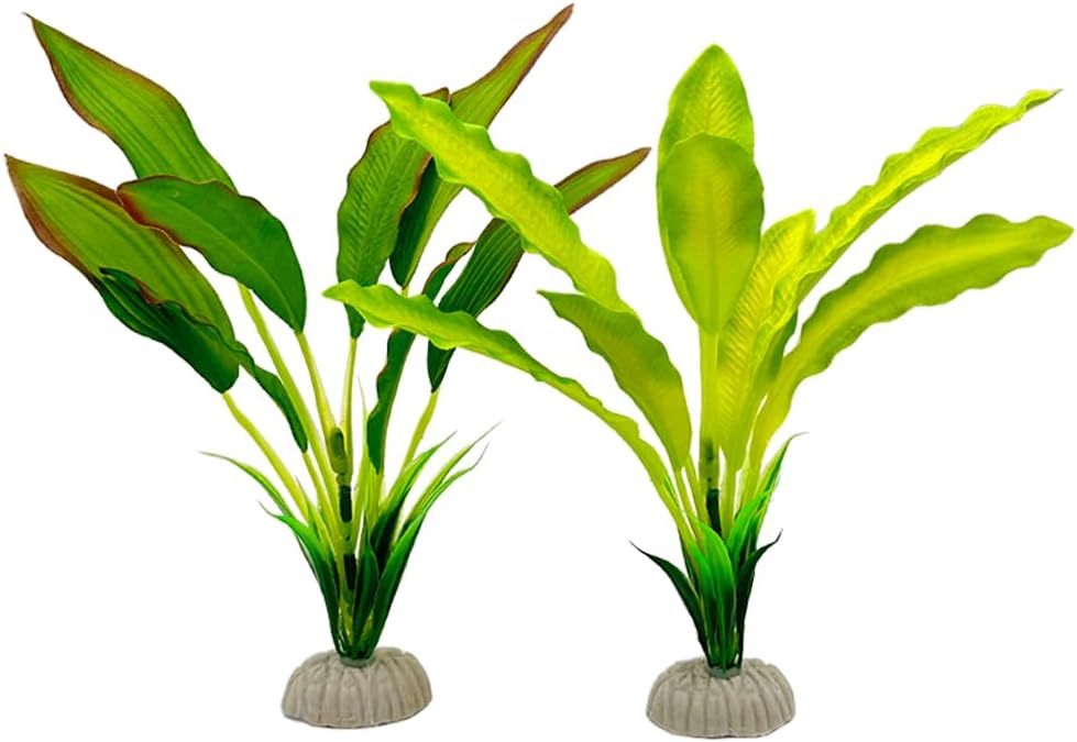 Smoothedo-Pets 2pcs Set Green Artificial Plant Fish Tank Decor Aquarium Decorations Betta Leaf pad Hammock 8inch Silk/Plastic Plant Goldfish Fish Bowl Small Tank Plants (Green-2pcs-Set)