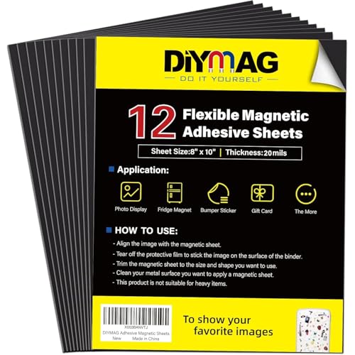 DIYMAG Magnetic Adhesive Sheets, |8 x 10|, 12 Pack Flexible Magnetic Sheets with Adhesive Backing for Crafts, Photos and Pattern Storage, Easy to Peel and Stick