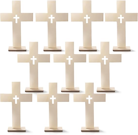 Didiseaon Wooden Cross Ornaments for Crafts: 10Pcs Decorative Cross Centerpiece with Base for Desk Table and Wall, Church Altar Decor for Good Friday Easter Memorial Day Baptism Wedding Home