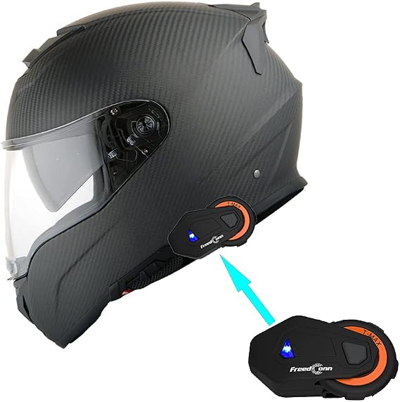 Martian Genuine Real Carbon Fiber Motorcycle Modular Flip up Full Face Helmet Bundle with Freedconn Motorcycle Bluetooth Headset