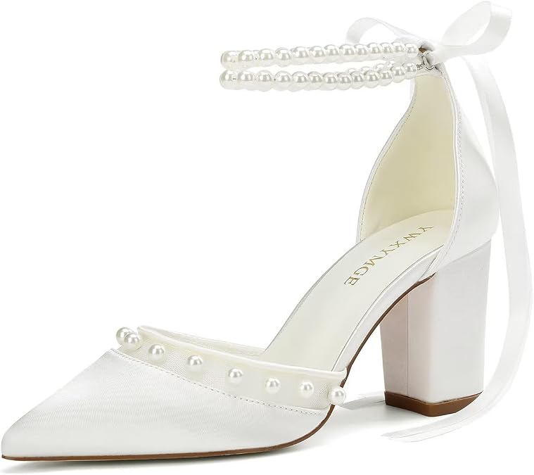 Wedding Shoes for Bride Block Heel Bridal Heels Closed Toe Pearl Heels Bridal Shoes