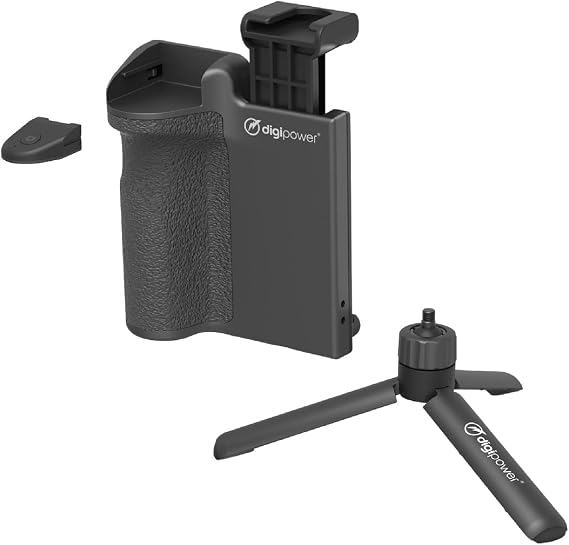 DigiPower Pocket Grip Stabilizer with Wireless Shutter Remote & Table-Top Mini Tripod for Mobile Phone, Works with iPhones & Android Smartphones for Filming YouTube, TikTok, Instagram Videos,