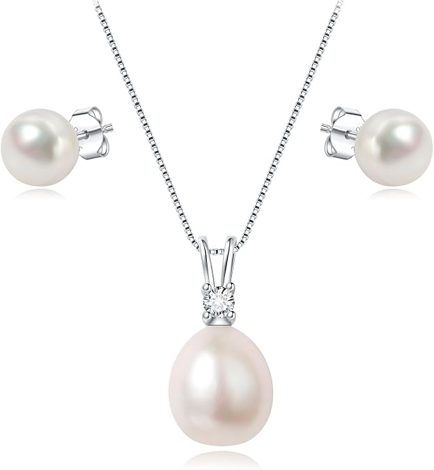 YAMI Pearl Jewelry Set for Women, Real Pearl Necklace and Stud Earrings Set