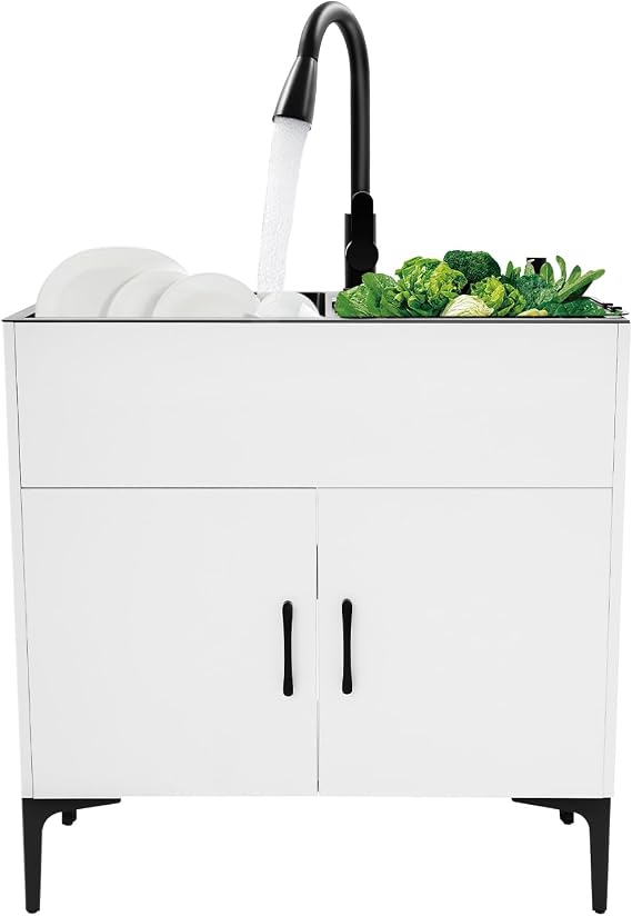 Laundry Sink with Cabinet and Pull-Out Faucet, Stainless Steel Utility Sinks with 2 Outlet Modes, Double Sink Cabinet for Kitchen, Bathroom, Garages, Laundry Rooms, Complete Set
