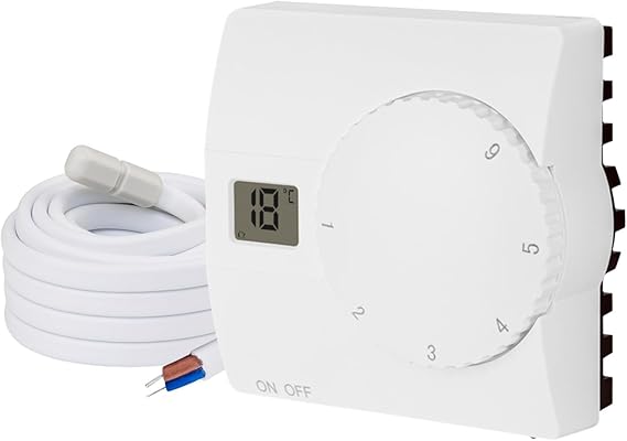 Surface-Mounted Room Thermostat Digital 230 V White with Internal and External Sensor for Water and Electric Underfloor Heating - Thermostat Regulator with Adjustment Wheel
