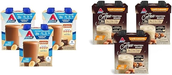 Atkins Chocolate Banana Protein Shake, 15g Protein & Cafe Caramel Iced Coffee Protein Shake, 15g Protein, Low Glycemic, 3g Net Carb, 1g Sugar, Keto Friendly
