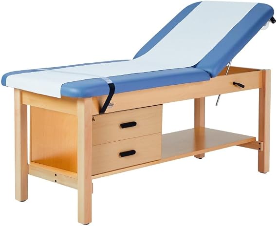 Vivacomfort Aristo H-Brace Tilted European Beechwood Treatment Table with Shelf and Drawers, 500 lbs Weight Capacity, Blue