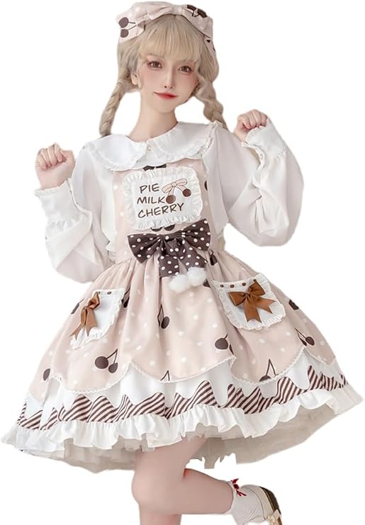 Sweet Lolita Dress Japanese Style JSK Dress Ruffle Hem Kawaii Sleeve Dress Sweet Long Sleeve Shirt for Women