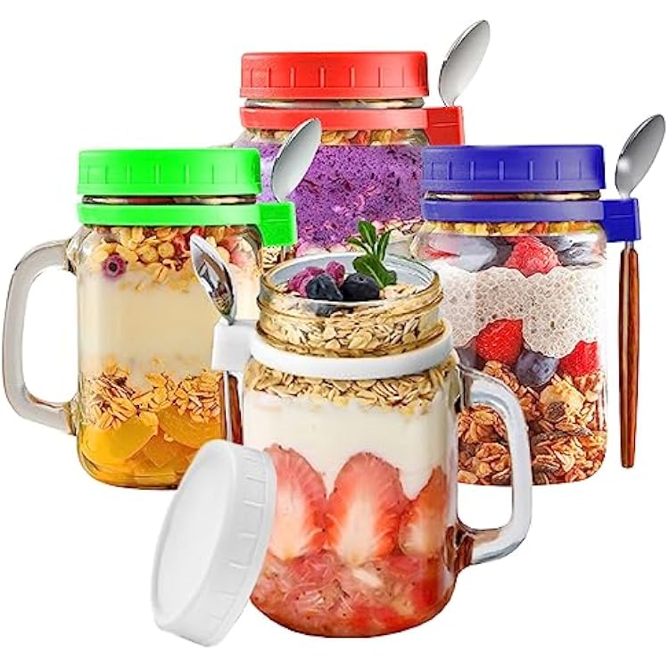 Overnight Oats Containers with Lids and Spoons, 16 Oz Glass Large Capacity Airtight Overnight Oats Leak Proof Mason Jars Meal Prep Glass Containers for Cereal Fruit Milk Salad Prep 4Pcs Color