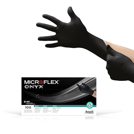 Ansell MICROFLEX Onyx N64 Disposable Nitrile Gloves, LG, 100/Dispenser | Black, Size 9 (L), unisex, TNT chemical splash resistant exam gloves with textured fingertips & tear resistance