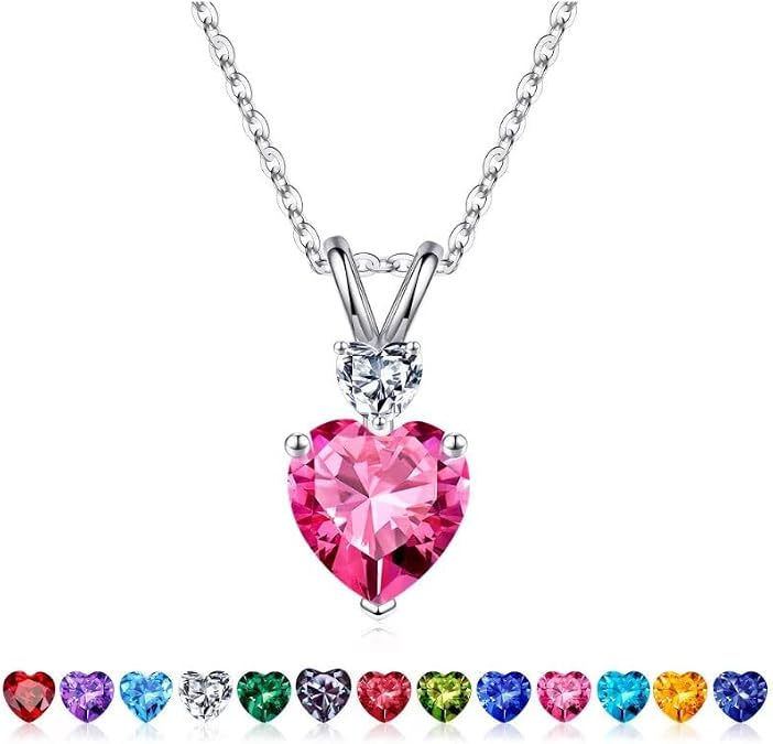 Iefil Heart Birthstone Necklaces for Women - S925 Sterling Silver Necklace 1.2 Ct Genuine or Created Birthstone Jewelry Birthday Gifts for Women