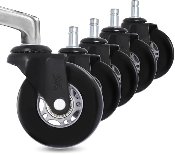 AXL 2.8 Heavy Duty Office Chair Caster Wheels Replacement, Universal Fit PU Rollers for Hardwood & Carpet, Scratch-Free & Noiseless (Set of 5) (Grey/Black, 2.8 inch Black Bracket)