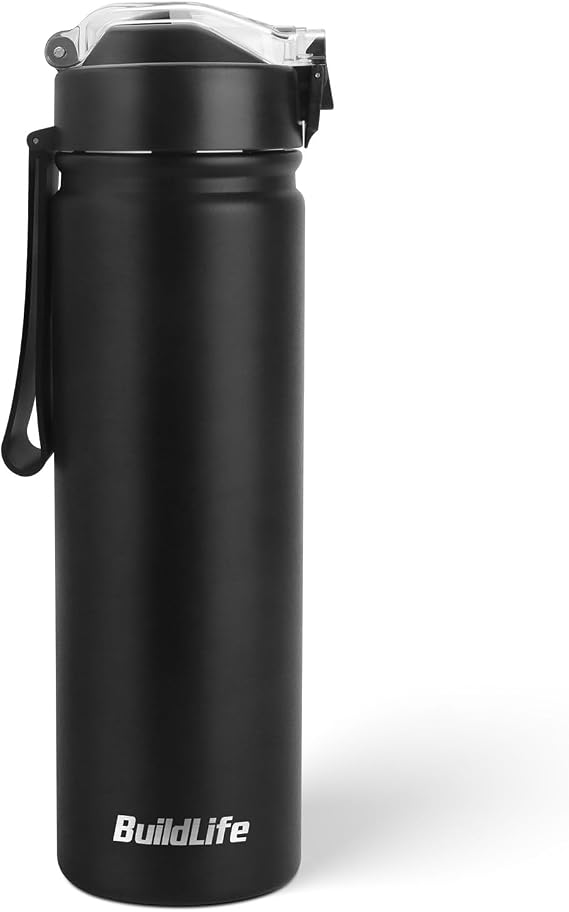 BuildLife 720ML Insulated Water Bottle with Straw,Leak Proof Double Walled Stainless Steel Metal Sports Water Bottles, BPA Free,Dishwasher Safe,Drinking Bottle for Travel,School,Gym (Black)