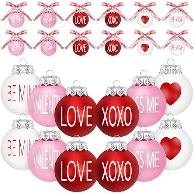 24PCS Ball Ornaments, 2.36 Inches Red Pink White Ball Shaped Ornaments, Cute Ball Hanging Baubles Decorations for Tree Love Day Wedding Christmas Party Supplies