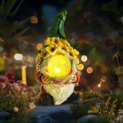 Solar Gnome Garden Decor Statue, Resin Gnome Outdoor Figurines with LED Light for Home Yard Patio Lawn Ornaments, Funny Gnomes Gardening Gifts for Women