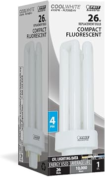 Feit Electric 26-Watt PLT CFL Light Bulb, GX24Q-3 4-Pin Base, 1600 Lumens, 4100K Cool White, PL-Shaped Compact Fluorescent Bulb for General Purpose and Task Lighting, 10,000 Hour Lifetime, PLT26E/41