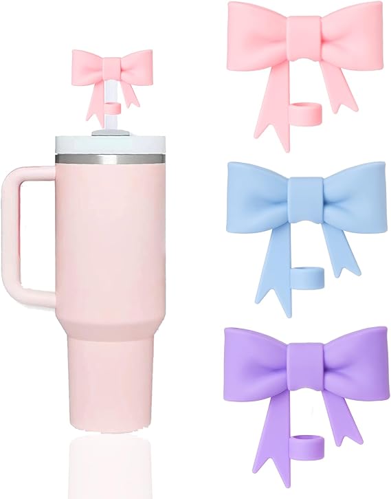 3 pcs Cute Bow Straw Covers Cap Toppers Compatible with Stanley 40/30 oz Tumbler Cups,Reusable Cute Silicone Straws Lids Tips Protectors for 0.4 in/10mm Stanleys Cup Accessories