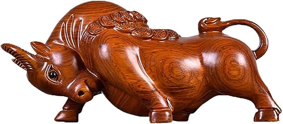Huanghuali Wood Carved Cattle Statue Ornaments,Solid Wood Home Town Housing Cattle Handicraft Decoration (30cm Long Without Base)