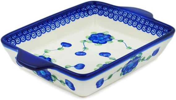 Polmedia Polish Pottery Rectangular Baker with Handles - Blue Poppies Pattern Handmade in Boleslawiec Poland by Ceramika Bona  Certificate of Authenticity