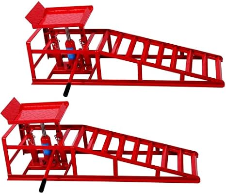 2 Pack Car Ramps - 5T Hydraulic High Lift Service Vehicle Ramps Heavy Duty Steel Automotive Truck Wheel Ramps for Oil Changes with Support Jack for DIY Repair Stores Auto Beauty Stores (Red, A)