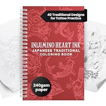 Inlumino Heart Ink Tattoo Practice Coloring Book: Japanese Traditional Spiral Bound Art Book with 40 Designs on 240 GSM Textured Pages Use with Ballpoint Cartridges & Rotary Machine