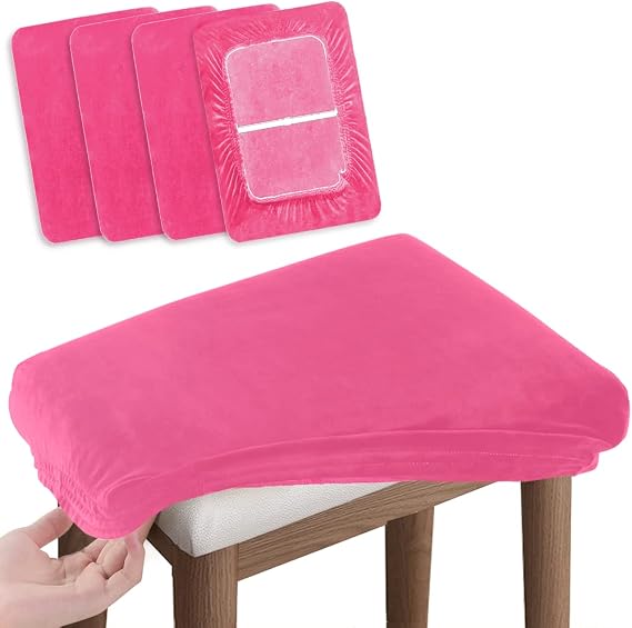 SINOSSO Vanity Stool Covers Set of 4, Super Soft Velvet Stretch Washable Saddle Bar Stool Slipcover Bench Seat Protector, (Rectangle, Hot Pink, 4 Counts)