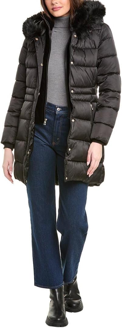 TAHARI Women's Fitted Quilted Puffer Coat- Attached Hood, Faux Fur Trim, Hand Warmer Pockets