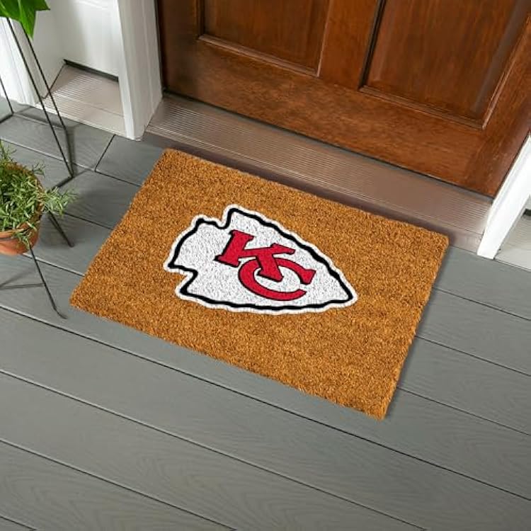 NFL Kansas City Chiefs Natural Coir Doormat, Official Full Color Team Logo, 28 x 16 Inches, Non Slip Back, Front Door Welcome Floor Mats, Indoor Outdoor Entrance Home Decor