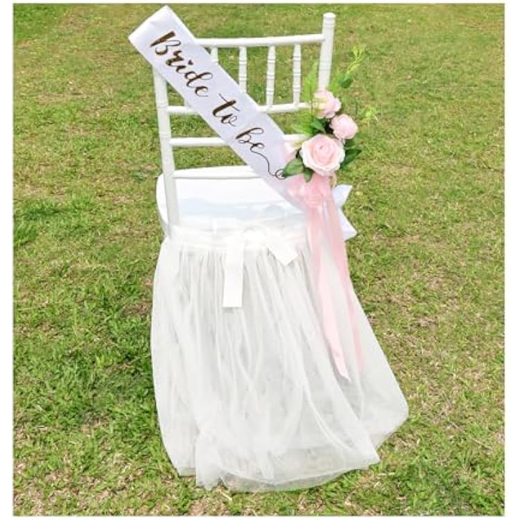 Chair Tulle Tutu Decoration with Sash for Bridal Shower, White Tulle Chair Skirt Fluffy Bridal Chair Decor for Wedding Bridal Shower Bridal Party bridal luncheon fit for Standard Chair
